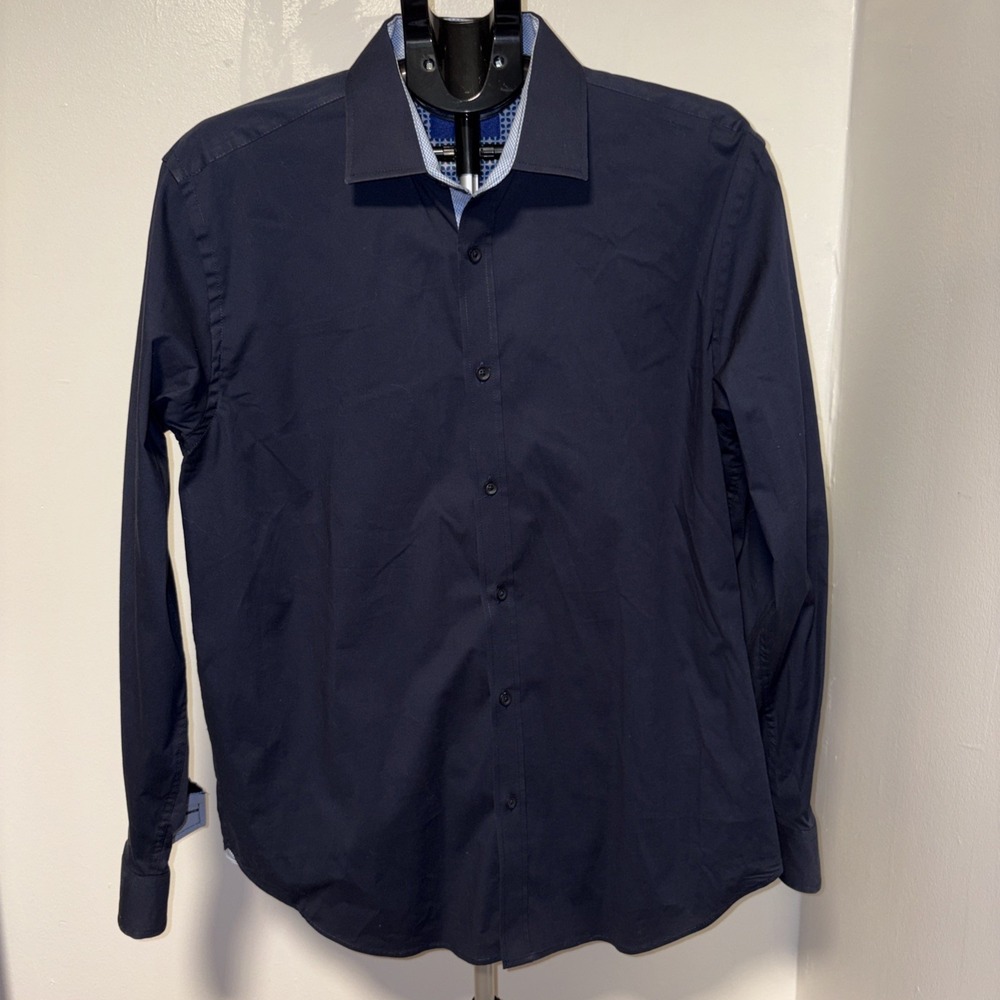 Egara‎ Shirt Mens XL dark Blue Slim Fit Stretch Diamond Print Non Iron Flip Cuff